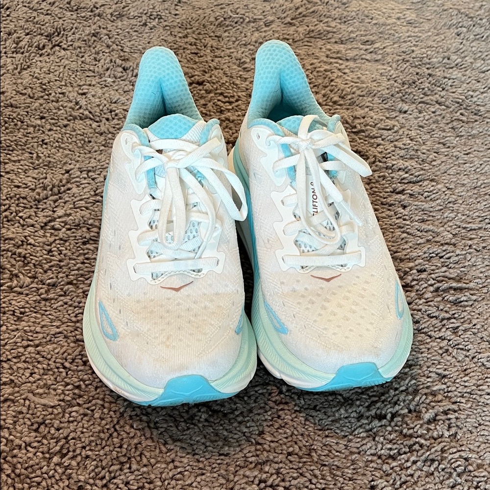 Hoka White and Light Blue Running Shoes